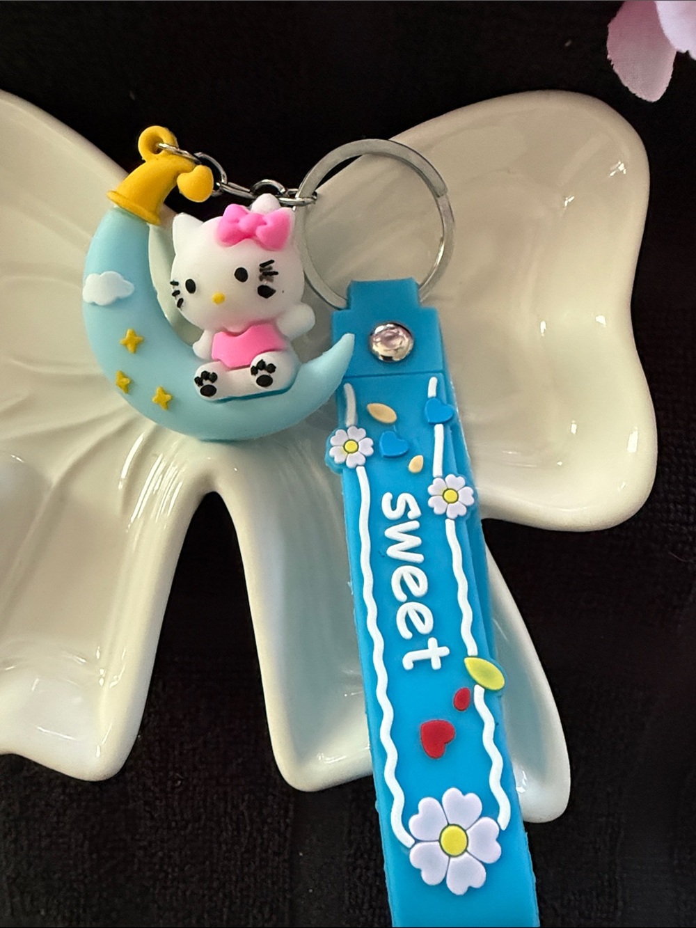 Hello Kitty Blue and Pink Moon Keychain with Bright Blue Strap